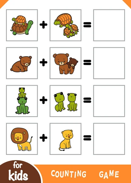 Jeu de compte pour enfants d'âge préscolaire. Comptez les animaux sur l'image et écrivez le résultat. Ajout de feuilles de calcul — Image vectorielle