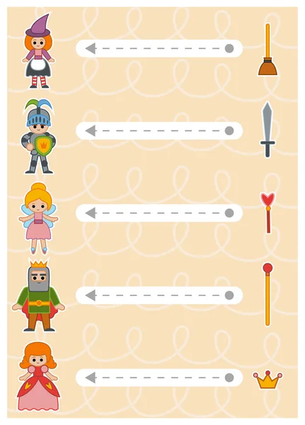 Traccia le linee tratteggiate dai personaggi delle fiabe agli oggetti. Collegare i punti, gioco di istruzione per i bambini . — Vettoriale Stock