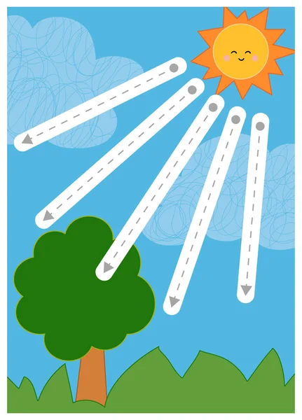 Traccia le linee tratteggiate dal sole, gioco educativo per bambini . — Vettoriale Stock