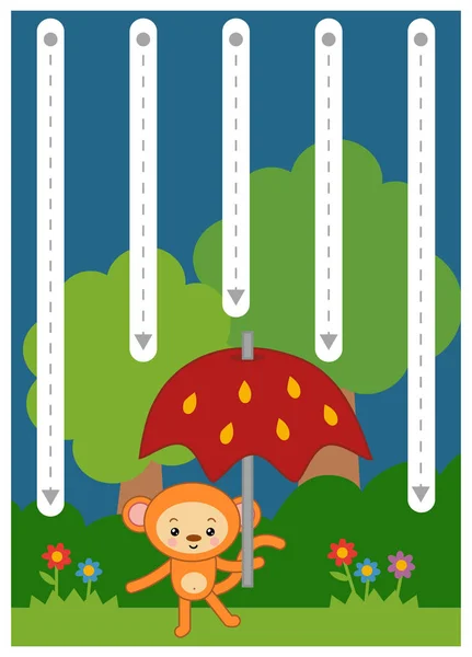 Volg de stippellijnen, onderwijs spel voor kinderen. Aap met paraplu en regen. — Stockvector