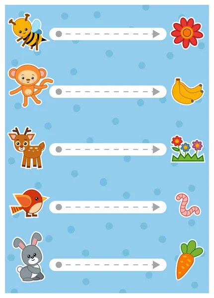 Trace the dotted lines from animals to food. Connect the dots, education game for children. — Stock Vector