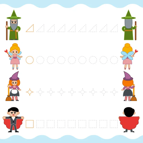 Trace the dotted lines, fairy tale characters. Connect the dots, education game for children. — Stock vektor