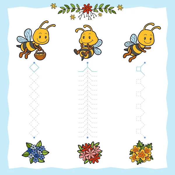 Rastrea las líneas de puntos de las abejas a las flores. Conecta los puntos, juego de educación para niños . — Archivo Imágenes Vectoriales