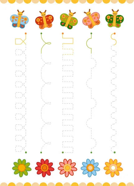 Volg de stippellijnen van vlinders tot bloemen. Verbind de punten, onderwijs spel voor kinderen. — Stockvector