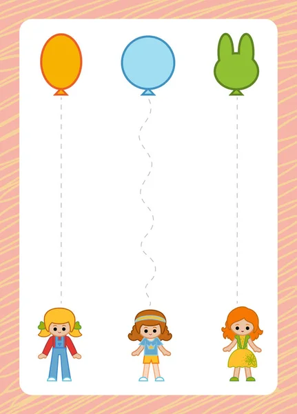 Rastrea las líneas de puntos de las chicas a los globos. Conecta los puntos, juego de educación para niños . — Vector de stock