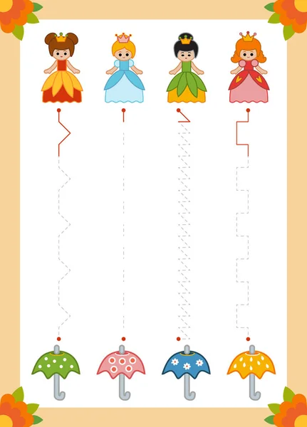 Tracez les lignes pointillées des princesses aux parapluies. Connectez les points, jeu éducatif pour les enfants . — Image vectorielle