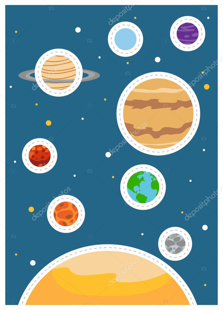 Trace the dotted circles, education game for children. Planets of the solar system. 