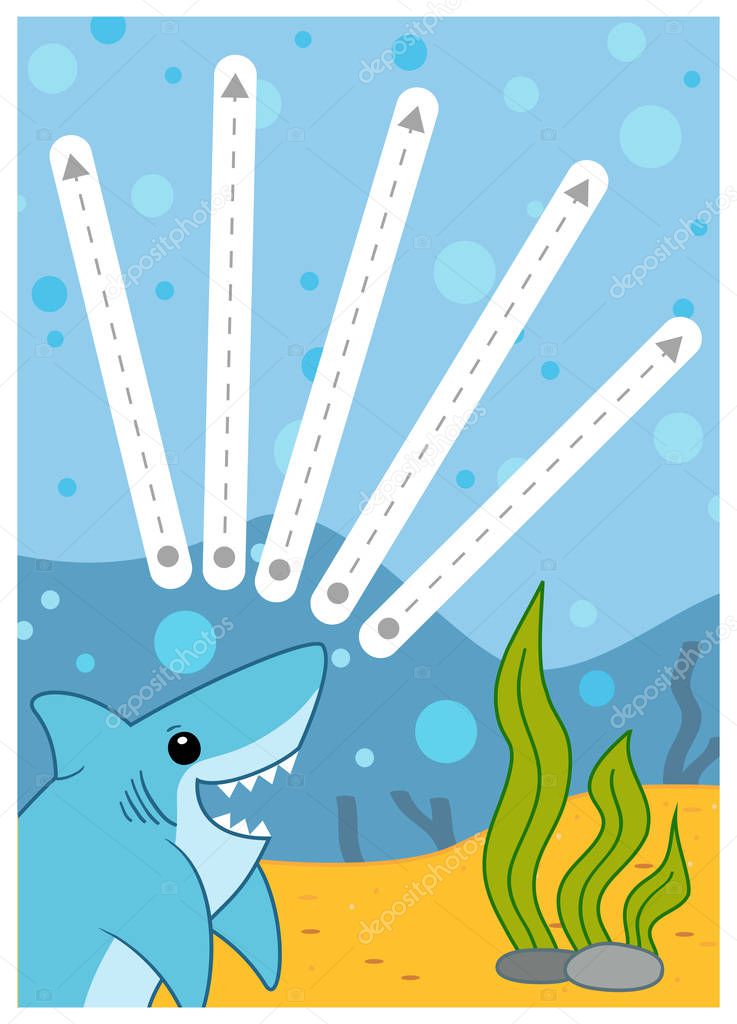 Trace the dotted lines from shark, education game for children. Shark and ocean floor. 