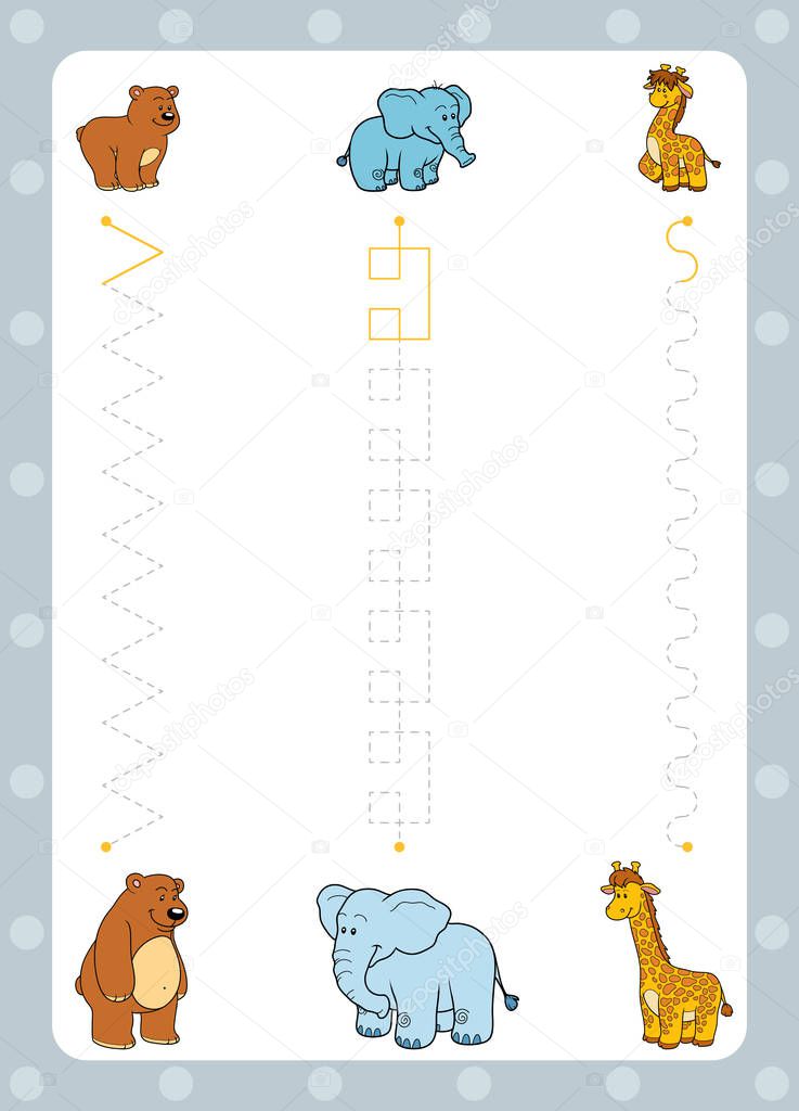 Trace the dotted lines from young animals to their moms. Connect the dots, education game for children.