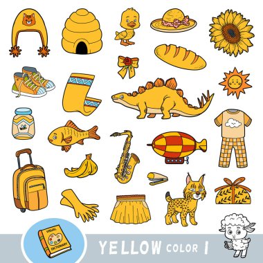 Renkli sarı renkli nesneler. Temel renkler hakkında çocuklar için görsel sözlük.
