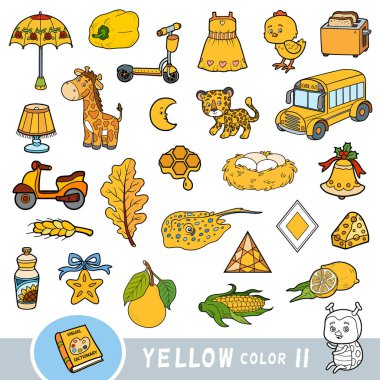 Renkli sarı renkli nesneler. Temel renkler hakkında çocuklar için görsel sözlük.