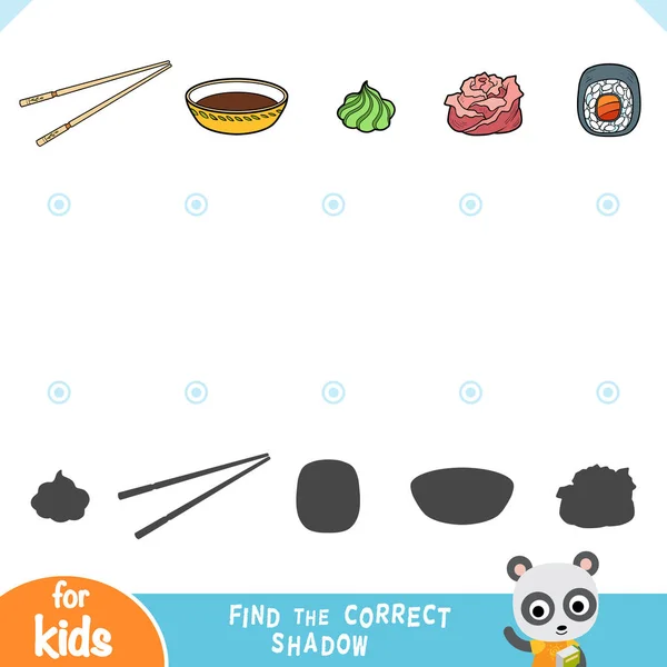 Encontrar la sombra correcta, juego de educación para los niños. Conjunto de comida japonesa — Vector de stock