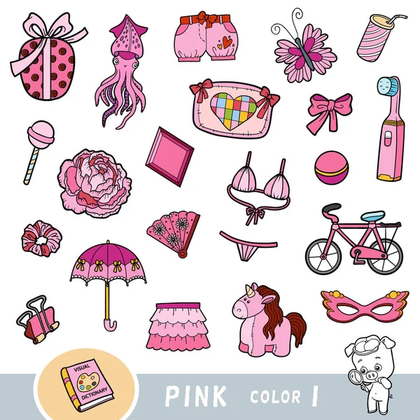 Colorido conjunto de objetos de color rosa. Diccionario visual para niños sobre los colores básicos . — Vector de stock