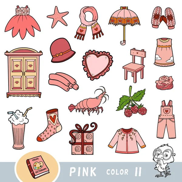 Colorido conjunto de objetos de color rosa. Diccionario visual para niños sobre los colores básicos . — Archivo Imágenes Vectoriales