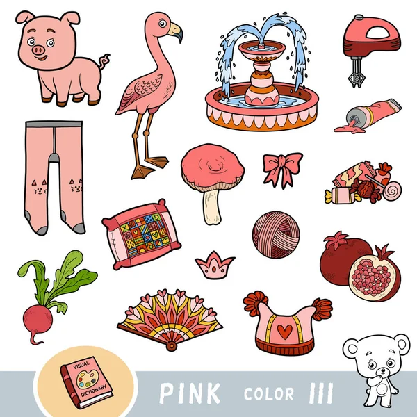 Ensemble coloré d'objets de couleur rose. Dictionnaire visuel pour les enfants sur les couleurs de base . — Image vectorielle