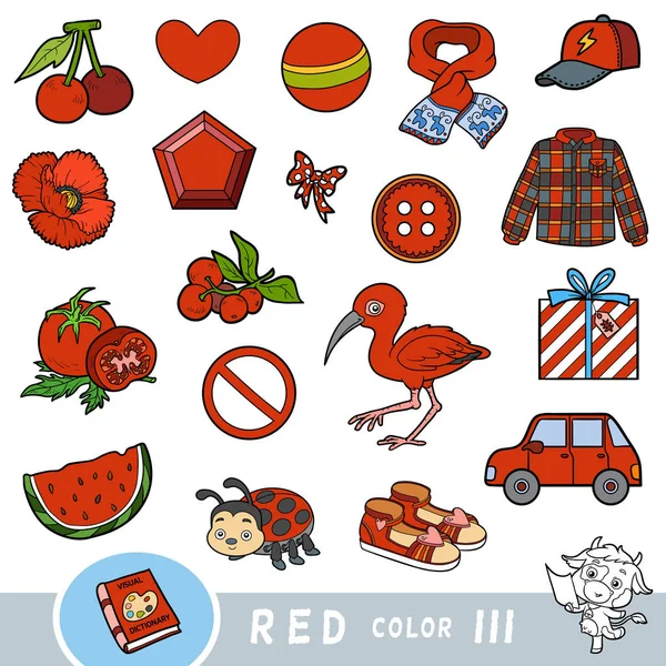 Bunte Reihe von Objekten mit roter Farbe. visuelles Wörterbuch für Kinder über die Grundfarben. — Stockvektor