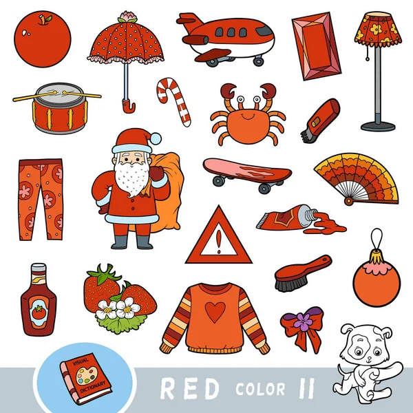 Colorido conjunto de objetos de color rojo. Diccionario visual para niños sobre los colores básicos . — Archivo Imágenes Vectoriales