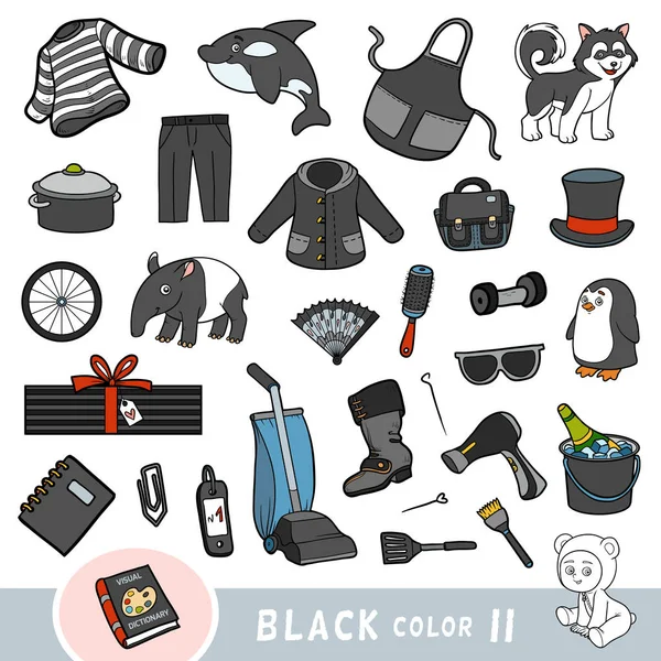 Colorido conjunto de objetos de color negro. Diccionario visual para niños sobre los colores básicos . — Vector de stock