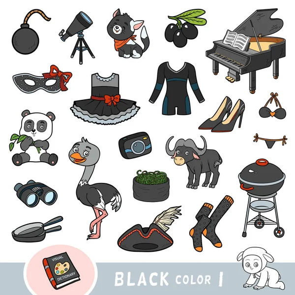 Barevná sada černých barevných objektů. Vizuální slovník pro děti o základních barvách. — Stockový vektor