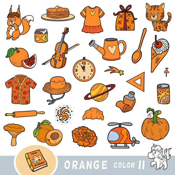 Bunte Reihe orangefarbener Objekte. visuelles Wörterbuch für Kinder über die Grundfarben. — Stockvektor