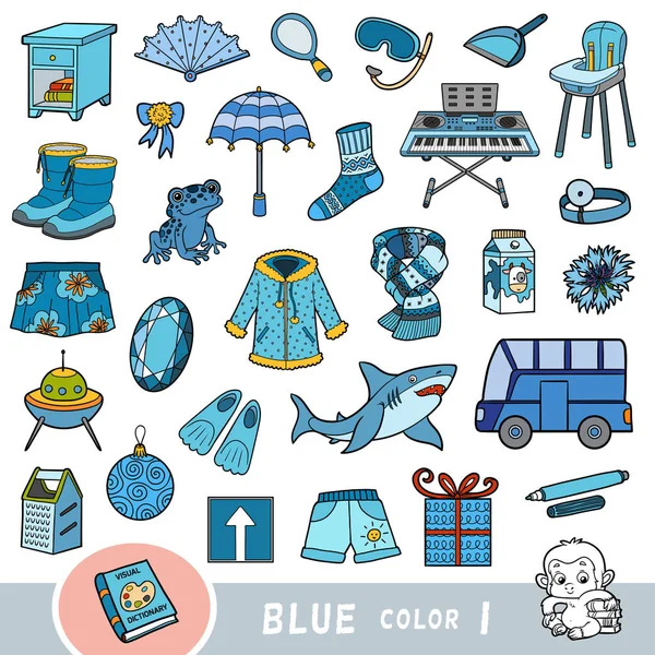 Kleurrijke set van blauwe kleur objecten. Visueel woordenboek voor kinderen over de basiskleuren. — Stockvector