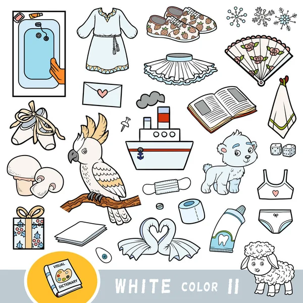 Barevná sada bílých barevných objektů. Vizuální slovník pro děti o základních barvách. — Stockový vektor