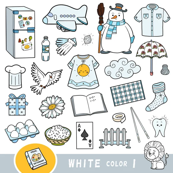 Kleurrijke set van witte kleur objecten. Visueel woordenboek voor kinderen over de basiskleuren. — Stockvector