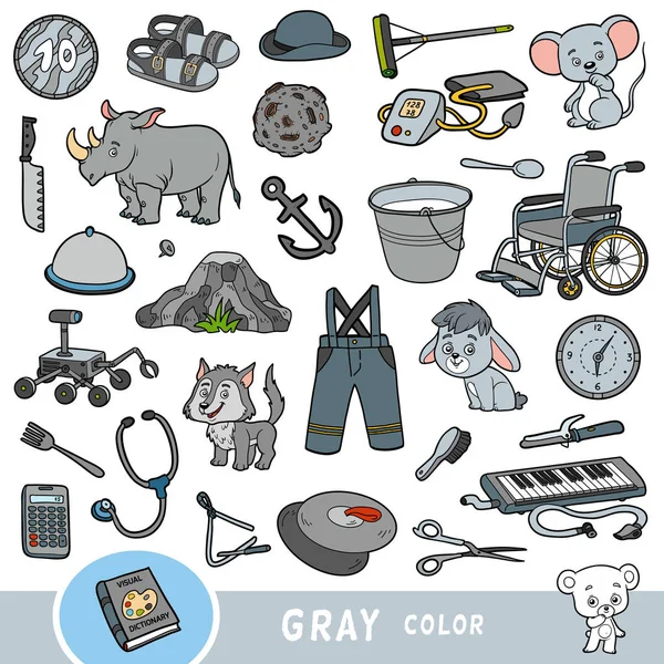 Bunte Reihe von Objekten mit grauer Farbe. visuelles Wörterbuch für Kinder über die Grundfarben. — Stockvektor