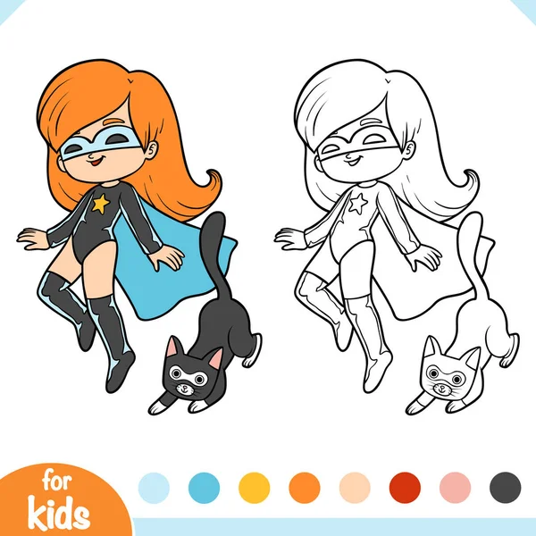 Coloring book, Super hero girl with a cat — 스톡 벡터