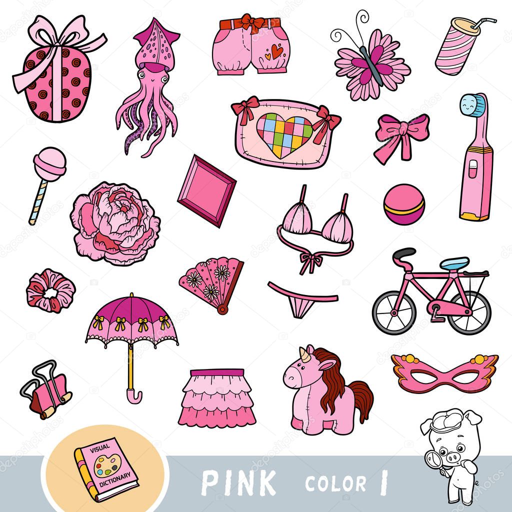 Colorful set of pink color objects. Visual dictionary for children about the basic colors.