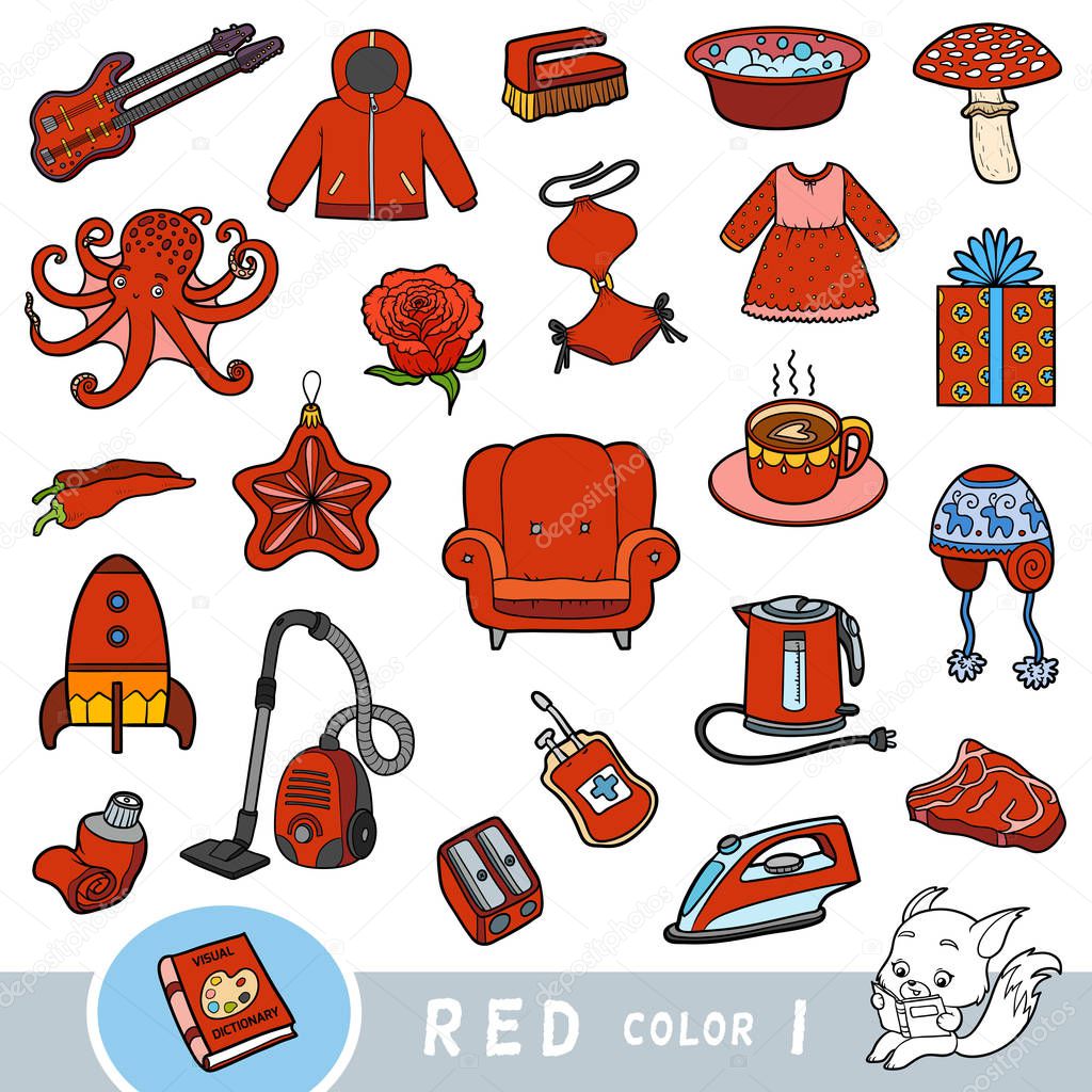 Colorful set of red color objects. Visual dictionary for children about the basic colors.