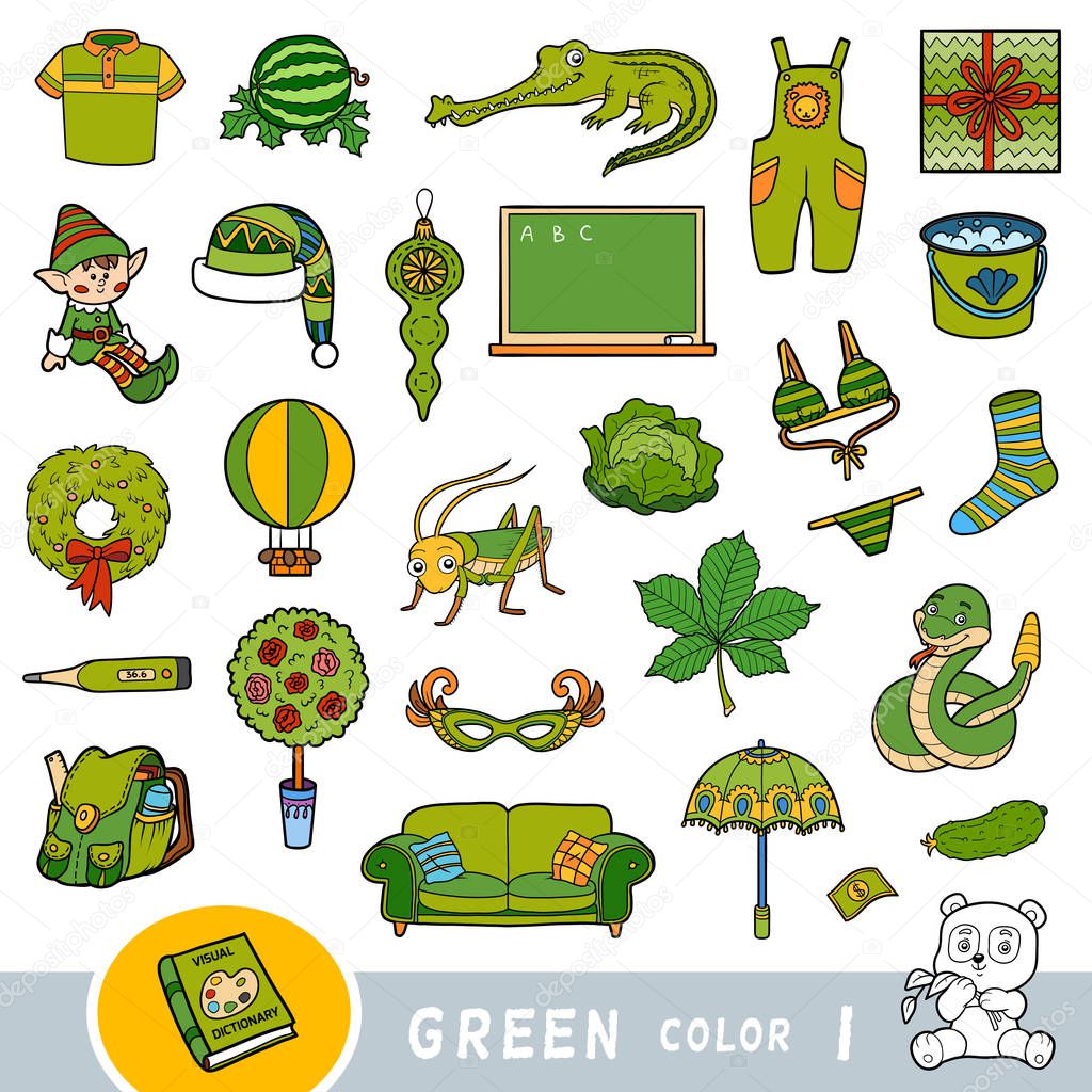 Colorful set of green color objects. Visual dictionary for children about the basic colors.