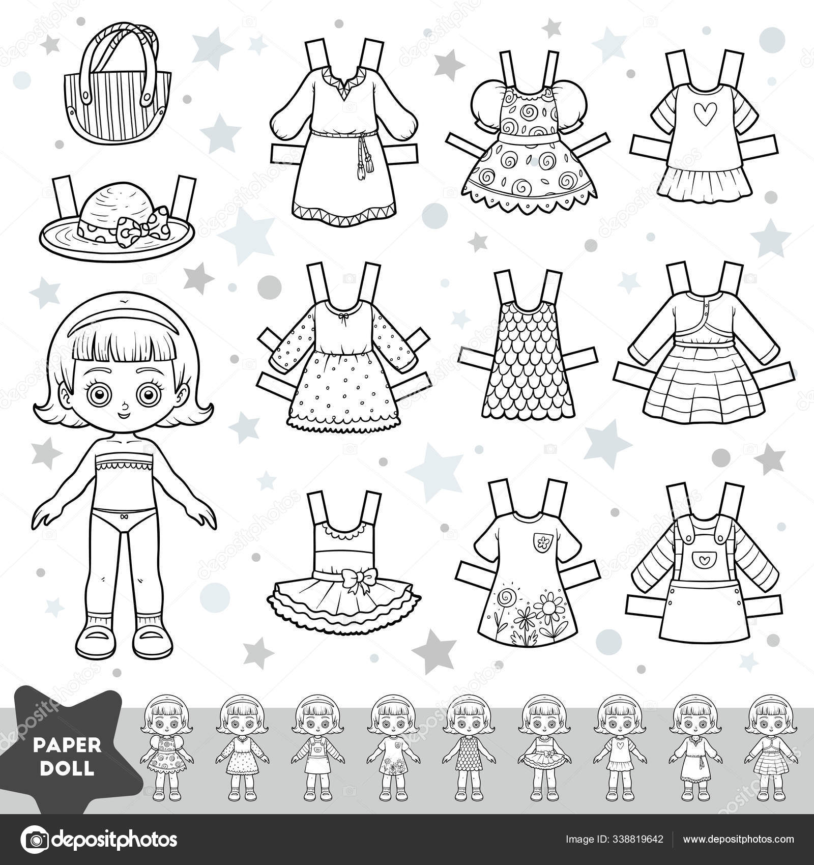 Conjunto De Vetores De Desenhos Animados Preto E Branco, Boneca De Papel  Bonito E Conjunto De Roupas De Verão Royalty Free SVG, Cliparts, Vetores, e  Ilustrações Stock. Image 139189089