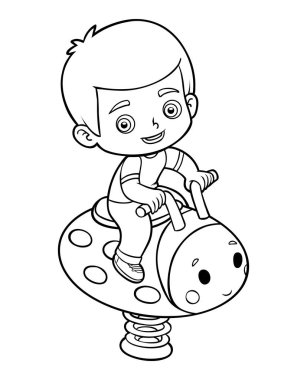 Coloring book, Boy and ladybug spring rider on the playground