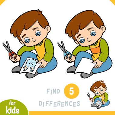 Farklılık bul, çocuklar için oyun oyna, Çocuk makasla resim keser.