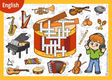 Vector crossword in English, education game for children. Cartoon boy in headphones and set of musical instruments