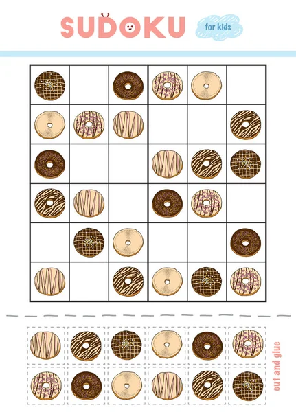 Sudoku para crianças. Conjunto de donuts. Use tesoura e cola para preencher os elementos em falta — Vetor de Stock