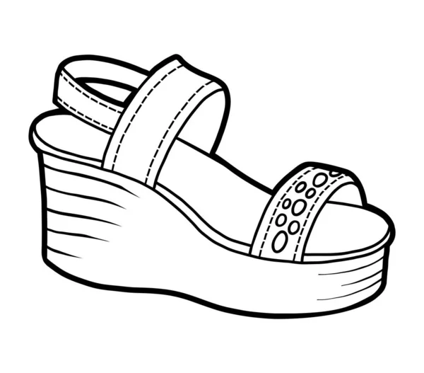 Libro para colorear, colección de zapatos de dibujos animados. Sandalia con tacón de cuña — Vector de stock