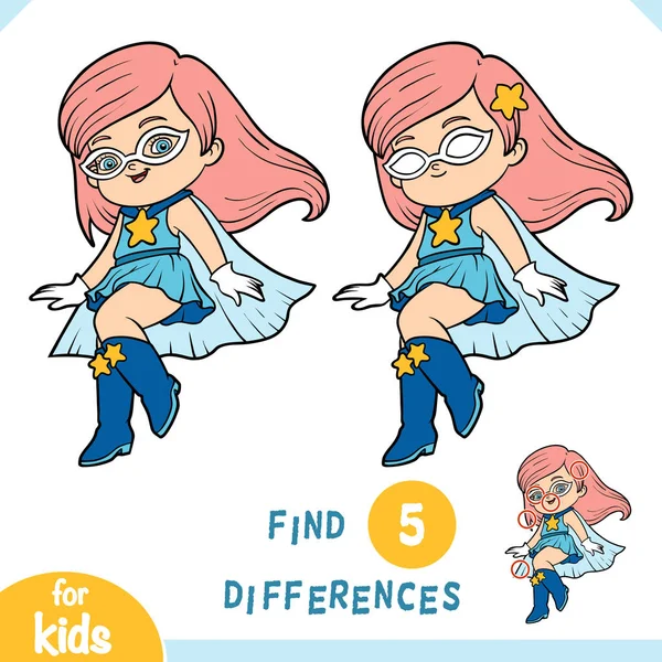 Βρείτε τις διαφορές, το παιχνίδι για τα παιδιά, Super ηρωίδα κορίτσι — Διανυσματικό Αρχείο
