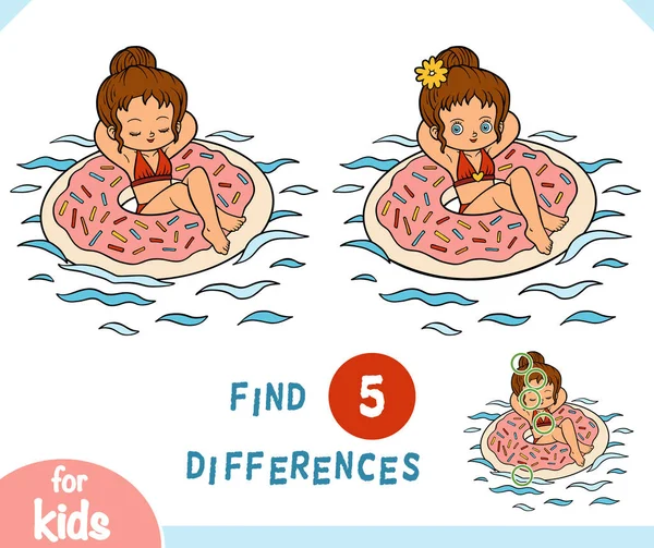 Znajdź różnice gry dla dzieci, Dziewczyna i nadmuchiwany pierścień pływacki pączek — Wektor stockowy