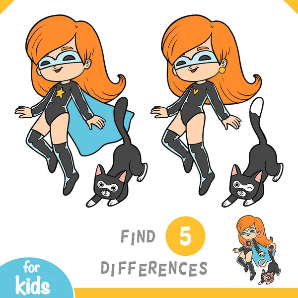 Βρείτε τις διαφορές, το παιχνίδι για τα παιδιά, Super ηρωίδα κορίτσι με μια γάτα — Διανυσματικό Αρχείο