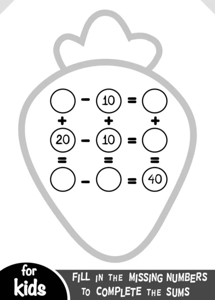 Räkna spel för förskolebarn. Utbildning en matematiska spel. Räkna siffrorna i bilden och skriva resultatet. Addition och subtraktion kalkylblad med jordgubbe — Stock vektor