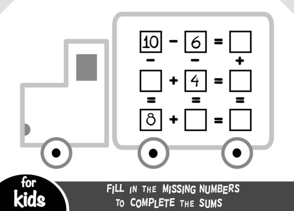 Gioco di conteggio per bambini in età prescolare. Educativo un gioco matematico. Contare i numeri nell'immagine e scrivere il risultato. Schede di lavoro di addizione e sottrazione con autocarro — Vettoriale Stock