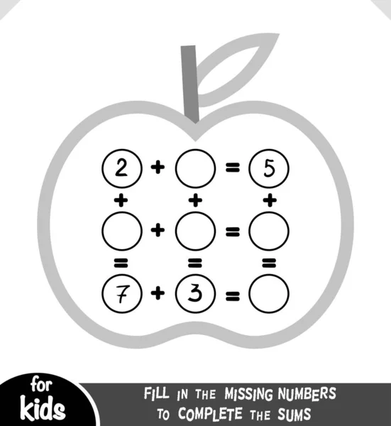Jogo de contagem para crianças pré-escolares. Educativo um jogo matemático. Conte os números na imagem e escreva o resultado. Planilhas de adição com maçãs —  Vetores de Stock