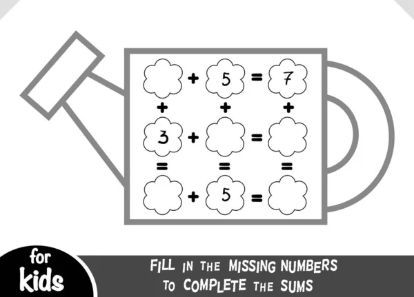 Jogo de contagem para crianças pré-escolares. Educativo um jogo matemático. Conte os números na imagem e escreva o resultado. Planilhas de adição com uma lata de rega — Vetor de Stock