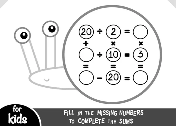 Jogo de contagem para crianças pré-escolares. Educativo um jogo matemático. Conte os números na imagem e escreva o resultado. Planilhas de multiplicação e divisão com caracol —  Vetores de Stock