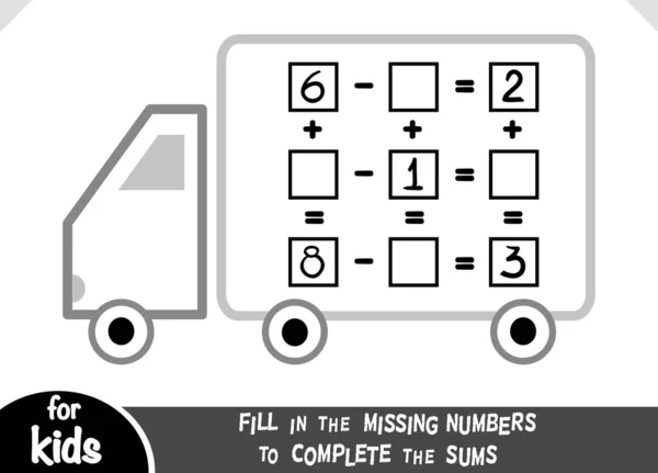 Jogo de contagem para crianças pré-escolares. Educativo um jogo matemático. Conte os números na imagem e escreva o resultado. Planilhas de adição e subtração com caminhão —  Vetores de Stock