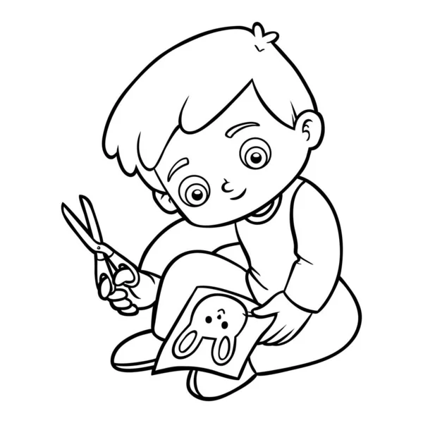 Coloring book, Boy cuts a picture with scissors — Stok Vektör