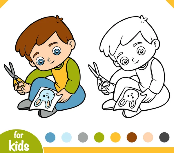 Coloring book, Boy cuts a picture with scissors