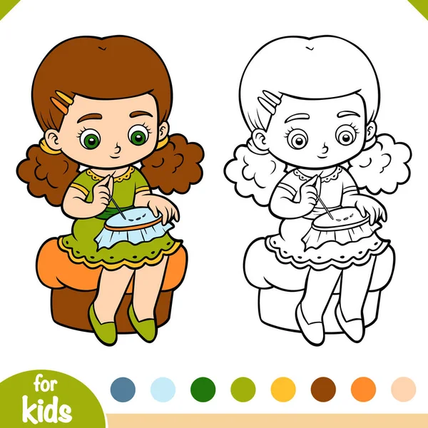 Coloring book for children, Embroidering girl